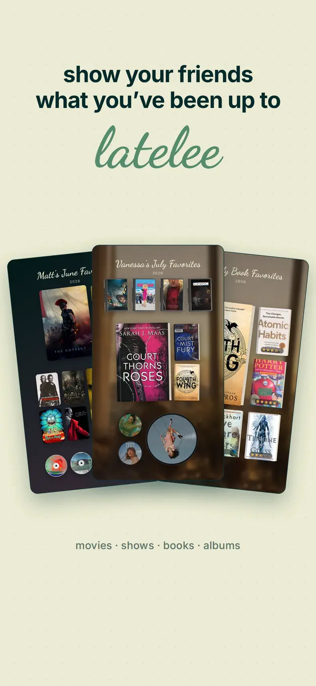 latelee marketing slide: “Show your friends what you watched, read, and played on repeat”